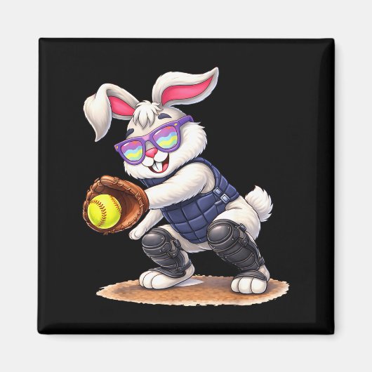 Frohe Osterferien Hase spielt Softball Magnet (Vorne)