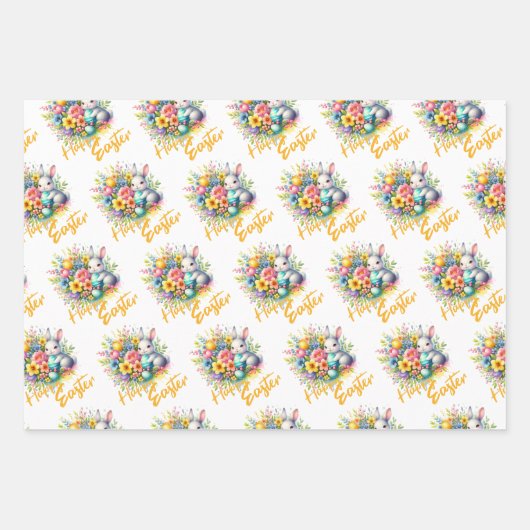 Frohe Osterfrühlingssonne Blume mit niedlichem Has Geschenkpapier Set (Vorderseite 3)