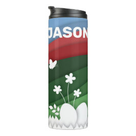 Frohe Osterhütte und Eier in der Natur Thermosbecher