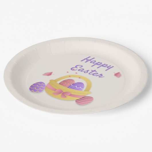 Frohe Osterkörbe und Schmetterlinge Pappteller (Schrägansicht)
