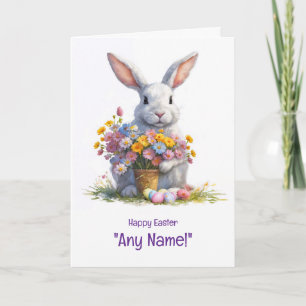 Frohe Ostern Any Name mit süßem Hasen und Blumen Karte
