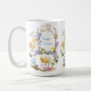 Frohe Ostern Aquarell-Küken Floralkranz Kaffeetasse
