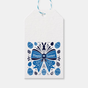 Frohe Ostern Blaue Schleife Folk Art Hase & Eier F Geschenkanhänger