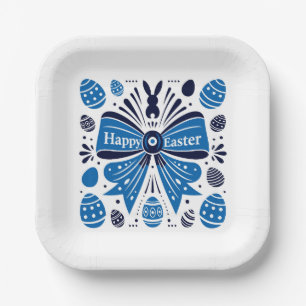 Frohe Ostern Blaue Schleife Folk Art Hase & Eier F Pappteller