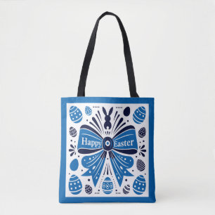 Frohe Ostern Blaue Schleife Folk Art Hase & Eier F Tasche