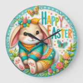 Frohe Ostern Blumenhase Große Wanduhr (Vorderseite)