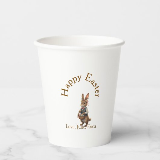 Frohe Ostern brauner Hase mit Eiern Liebe Name hin Pappbecher (Vorderseite)