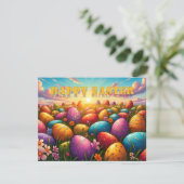 Frohe Ostern Bunte Eier auf einer Frühlingswiese (Stehend Vorderseite)