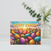 Frohe Ostern Bunte Eier auf einer Frühlingswiese Postkarte (Stehend Vorderseite)