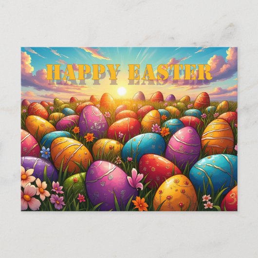 Frohe Ostern Bunte Eier auf einer Frühlingswiese Postkarte (Vorderseite)