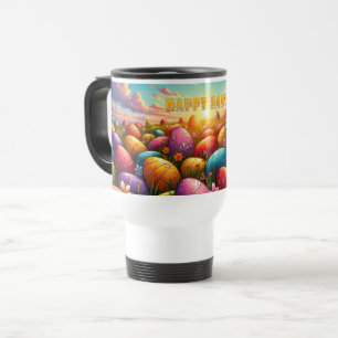 Frohe Ostern Bunte Eier auf einer Frühlingswiese Reisebecher