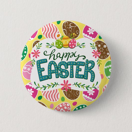 Frohe Ostern Bunte Ostereier Muster Gelb Button (Vorderseite)