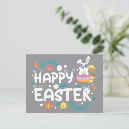 Frohe Ostern, Eier, Bunny & Blume Postkarte (Stehend Vorderseite)