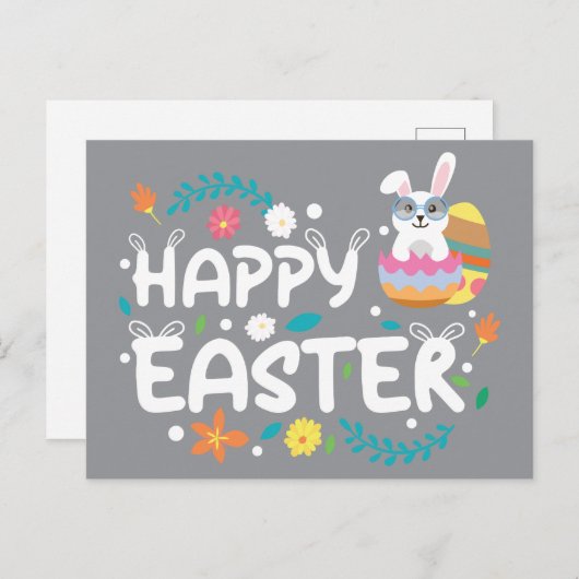 Frohe Ostern, Eier, Bunny & Blume Postkarte (Vorne/Hinten)