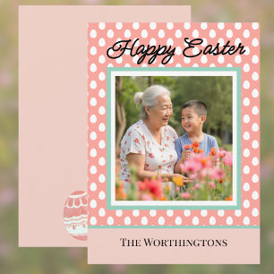 Frohe Ostern Ein Foto Pfirsich und Aqua-Osterei Feiertagskarte
