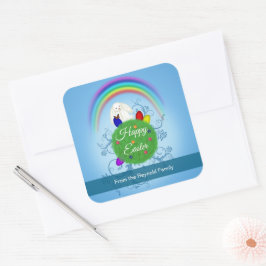 Frohe Ostern Farbige Regenbogen & Planet Süßer Has Quadratischer Aufkleber