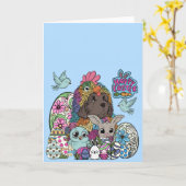 Frohe Ostern Flauschige und gefiederte Freunde Karte (Gelbe Blume)