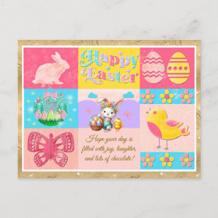 Frohe Ostern Freude mit Hase, Küken, Eiern & Blume Feiertagspostkarte