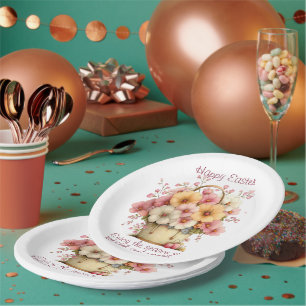 Frohe Ostern Frühlingsrosane und gelbe Blumen Pappteller