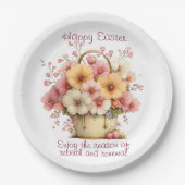 Frohe Ostern Frühlingsrosane und gelbe Blumen Pappteller (Vorderseite)