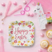 Frohe Ostern | Gelbe und rote Blumen  Pappteller (Party)