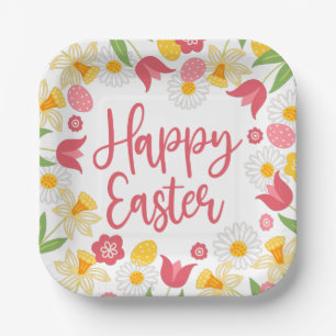 Frohe Ostern   Gelbe und rote Blumen  Pappteller