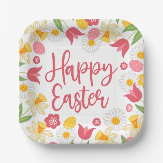 Frohe Ostern | Gelbe und rote Blumen  Pappteller (Vorderseite)