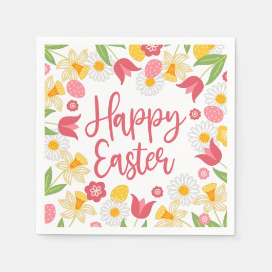Frohe Ostern | Gelbe und rote Blumen Serviette (Vorderseite)