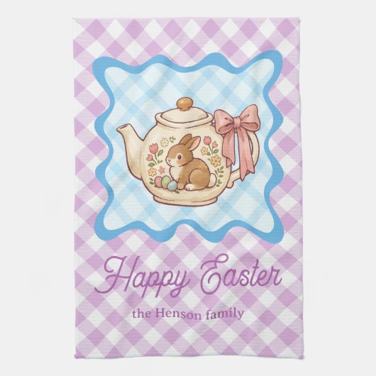 Frohe Ostern Häschen Teekanne Gingham  Geschirrtuch (Vertikal)