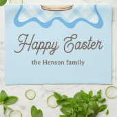Frohe Ostern Häschen Teekanne Gingham  Geschirrtuch (Gefaltet)