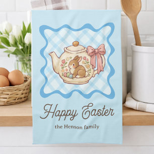 Frohe Ostern Häschen Teekanne Gingham  Geschirrtuch