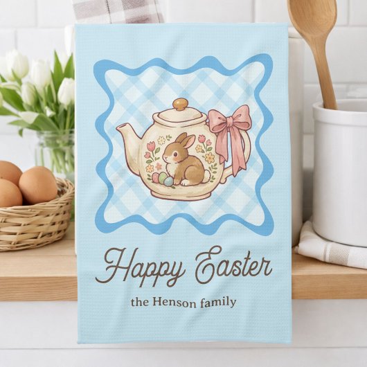 Frohe Ostern Häschen Teekanne Gingham  Geschirrtuch