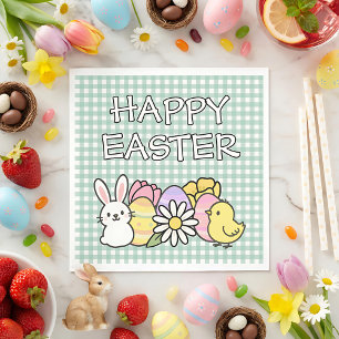 Frohe Ostern Hase Küken Eier Floral Grün Gingham Serviette