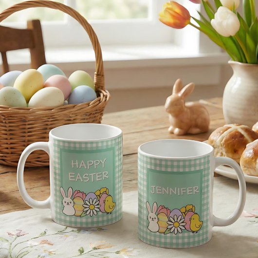 Frohe Ostern Hase Küken Eier Grün Gingham Kaffeetasse