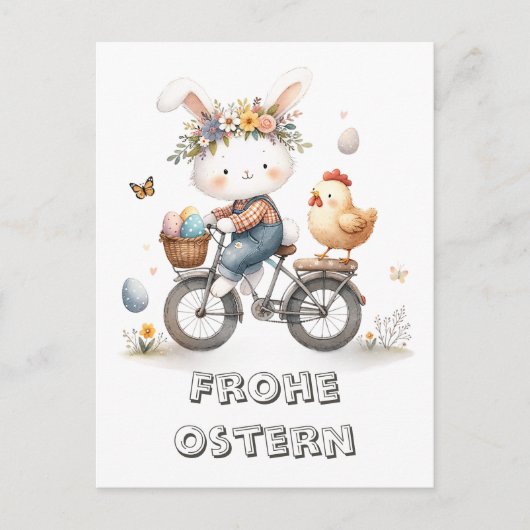 Frohe Ostern- Hase und Huhn Postkarte (Vorderseite)
