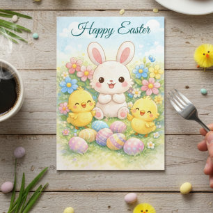 Frohe Ostern Hase und Küken Süße Pastellfarben Feiertagskarte