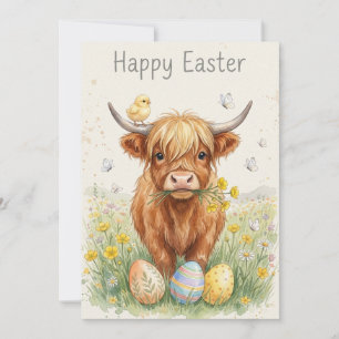 Frohe Ostern Highland-Kuh Küken & Eier Feiertagskarte