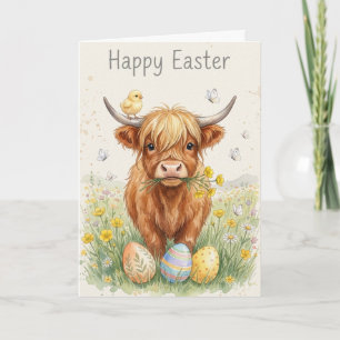 Frohe Ostern Highland-Kuh Küken & Eier Karte