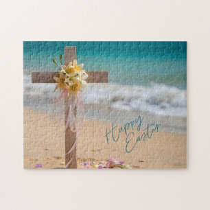 Frohe Ostern Holzkreuz mit Lilien am Strand Puzzle