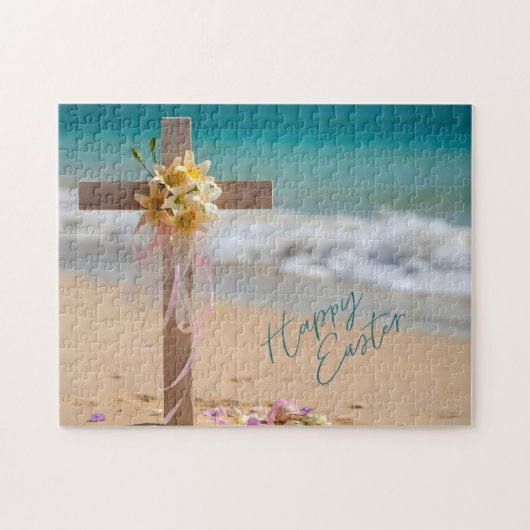 Frohe Ostern Holzkreuz mit Lilien am Strand Puzzle (Horizontal)