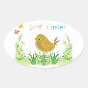 Frohe Ostern , Huhn und Blume Ovaler Aufkleber