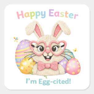 Frohe Ostern Ich bin Ei-gespannt Hase Quadratischer Aufkleber