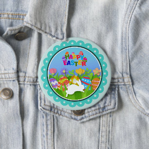 Frohe Ostern in bunten Farben – Süßer Hase und Eie Button