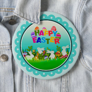 Frohe Ostern in bunten Farben – Süßer Hase und Eie Button