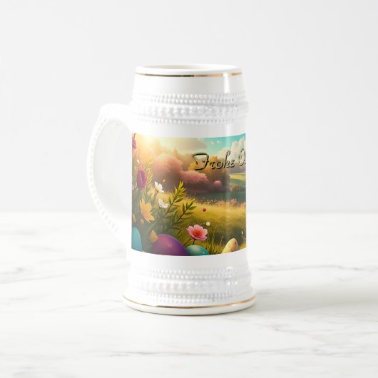Frohe Ostern in einer Frühlingslandschaft Bierglas (Vorderseite Links)