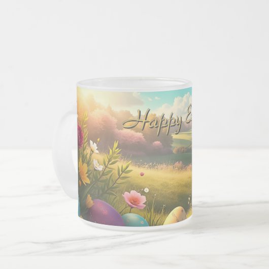 Frohe Ostern in einer Frühlingslandschaft Mattglastasse (Vorderseite Links)