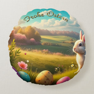 Frohe Ostern in einer Frühlingslandschaft Rundes Kissen