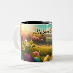 Frohe Ostern in einer Frühlingslandschaft Zweifarbige Tasse