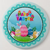 Frohe Ostern in Farbe – Süßer Hase und Eier Button (Vorderseite)