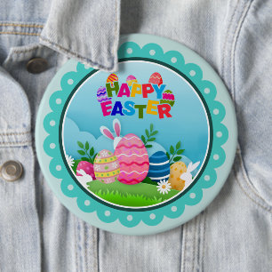 Frohe Ostern in Farbe – Süßer Hase und Eier Button